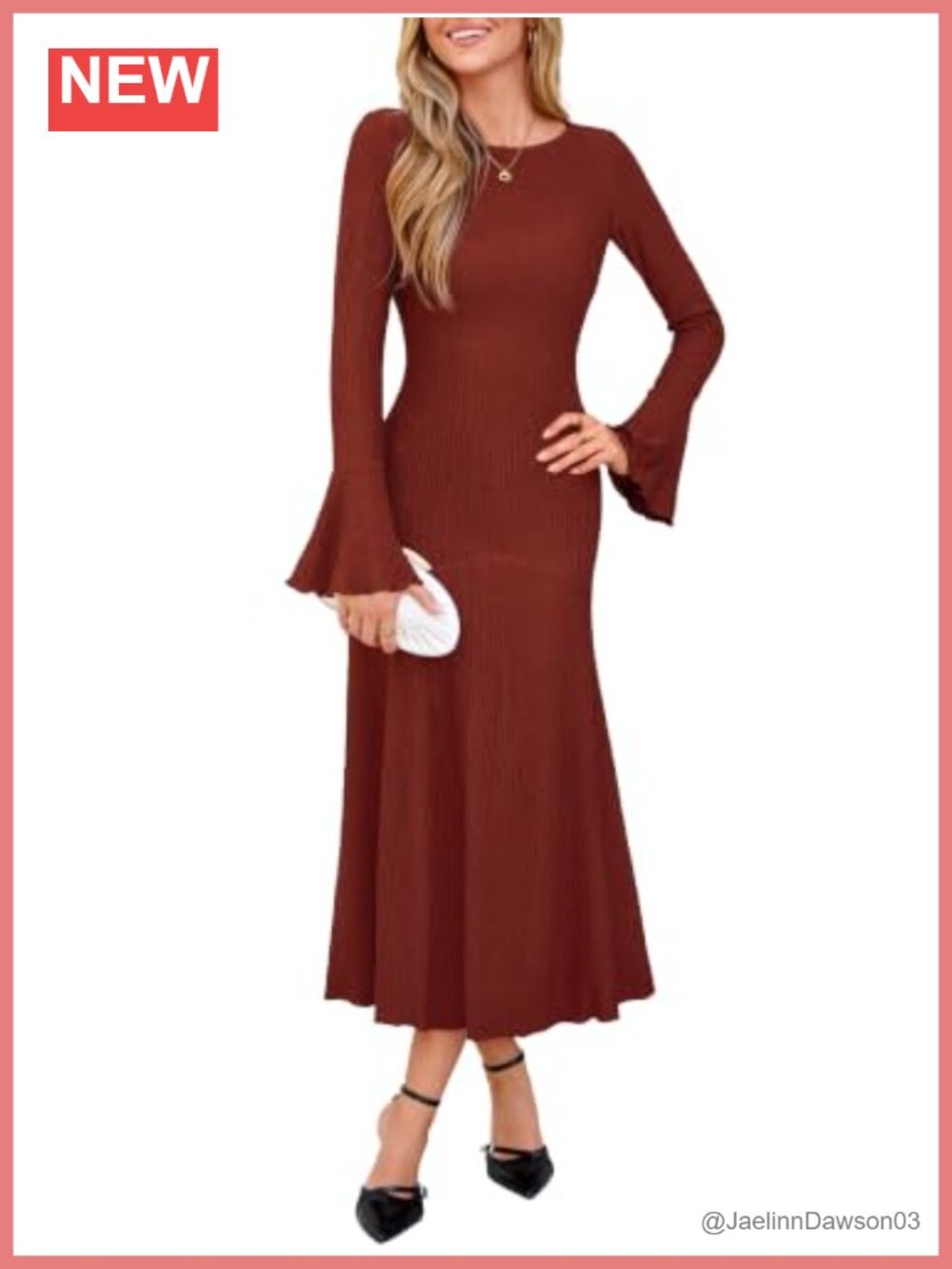 Womens Long Sleeve Bodycon Maxi Dress Boat Neck Bell Sleeve Stretchy Knit